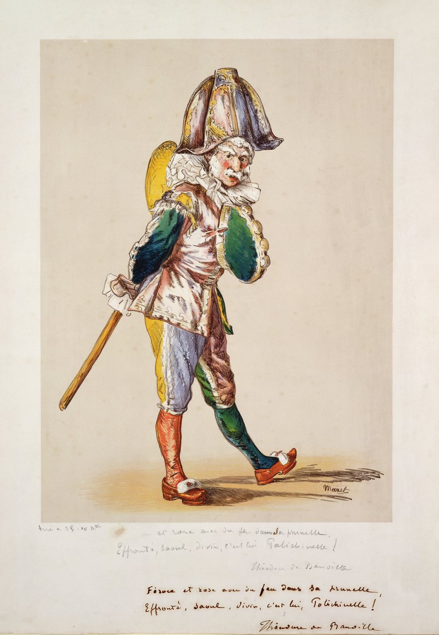 Polichinelle, 1876 (farge litho, hvit gouache og toalett på papir) av Édouard Manet