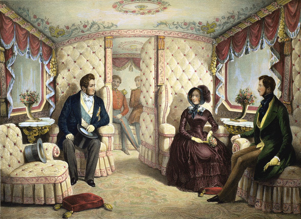 Interiør av dronningens jernbanevogn, gravert av Jules David (1808-92), ca. 1844 av Edouard Pingret