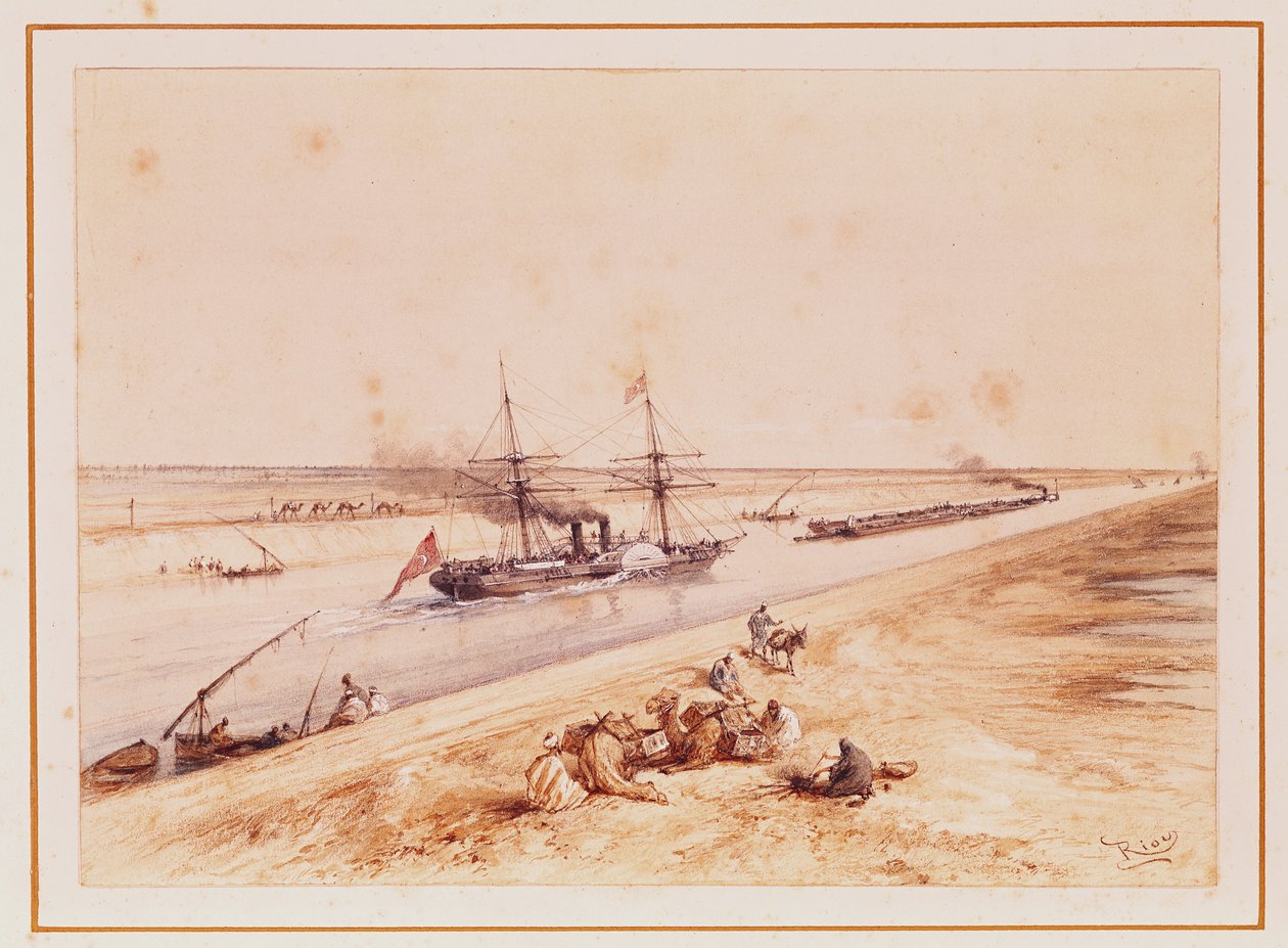 En tyrkisk hjuldampbåt som går opp Suez-kanalen, fra et suveniralbum for å minnes reisen til keiserinne Eugenie (1826-1920) ved innvielsen i 1869 av Edouard Riou