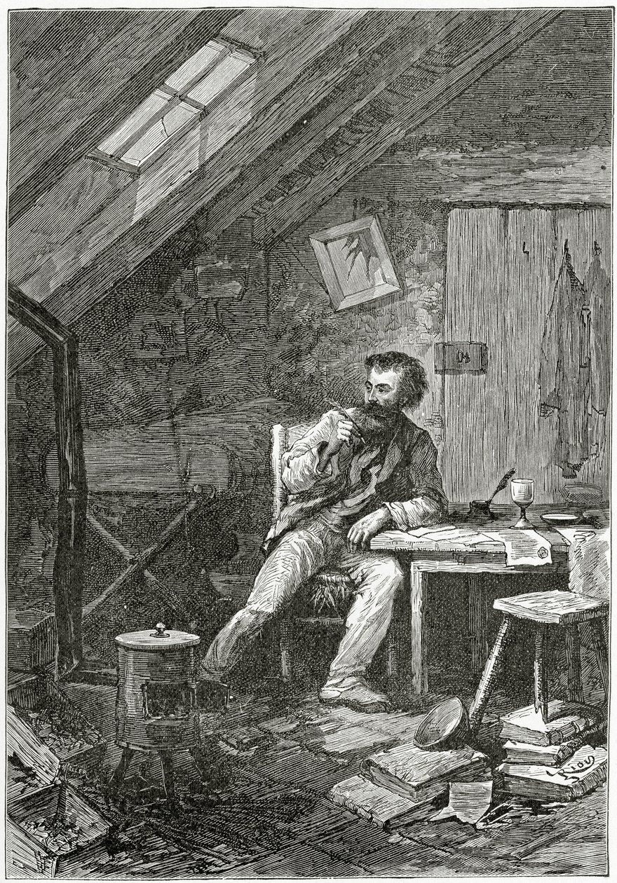 På loftet, 1800-tallet (bw-gravering) av Edouard Riou