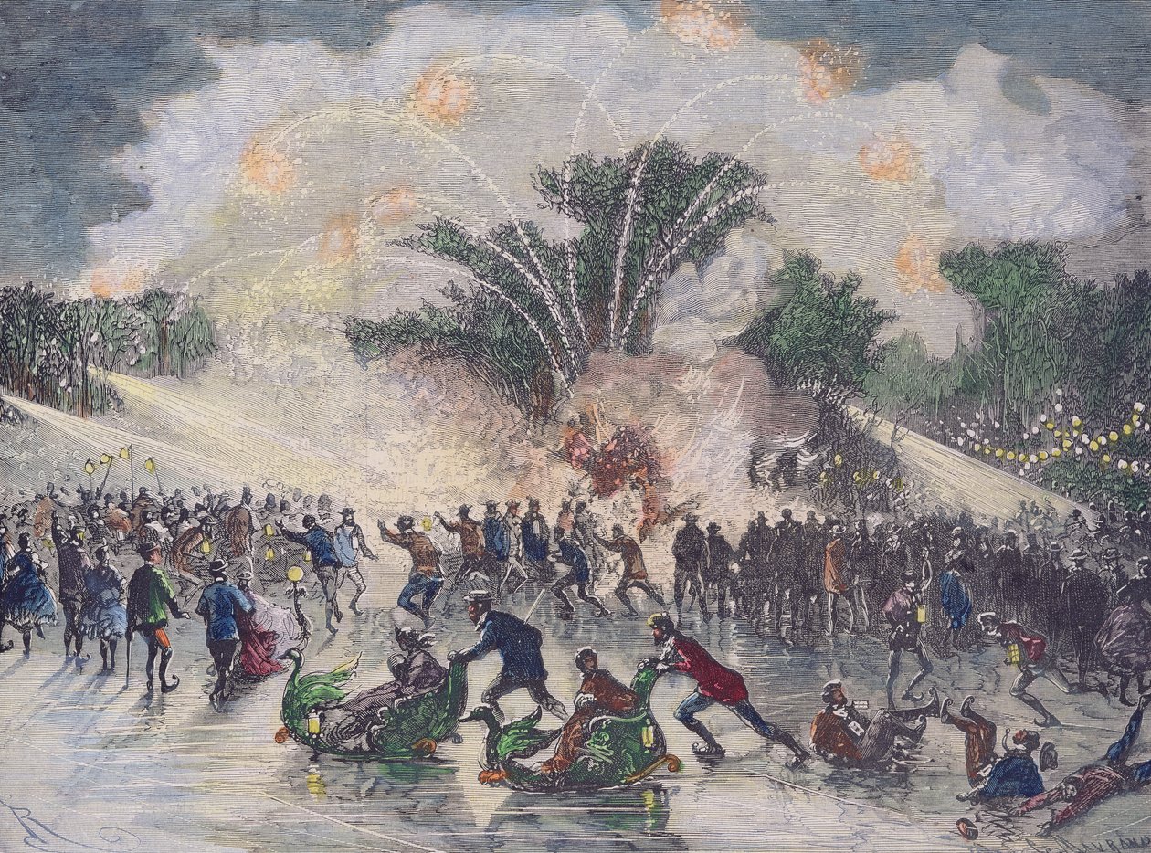 Skøytefest ved Bois de Boulogne, Paris, gravert av Charles Maurand av Edouard Riou