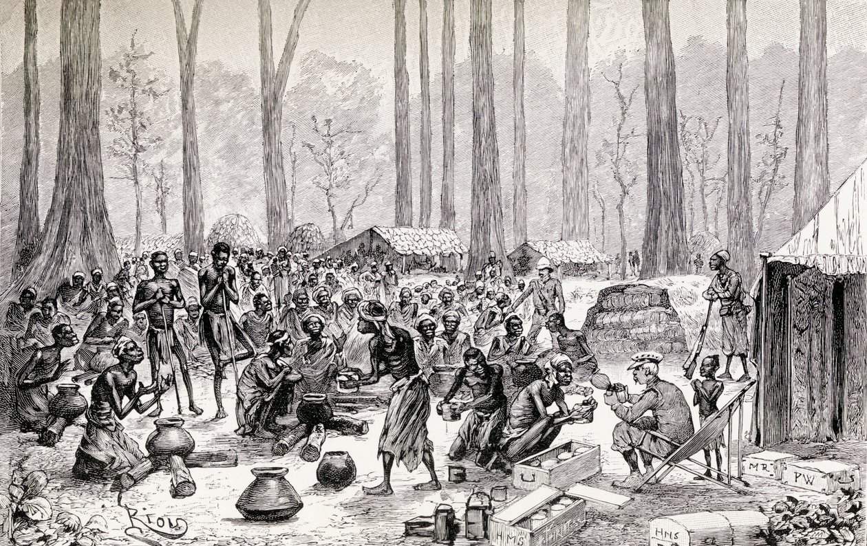Speidere som serverer melk og smør til buljong til sultne pygmé-innfødte, 1890 (tregravering) av Edouard Riou