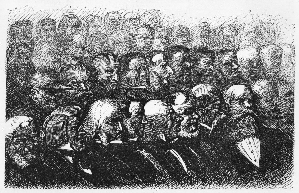 Medlemmene av London Royal Geographic Society, illustrasjon fra 'Five Weeks in a Balloon' av Jules Verne (1828-1905) Paris, Hetzel av Edouard Riou
