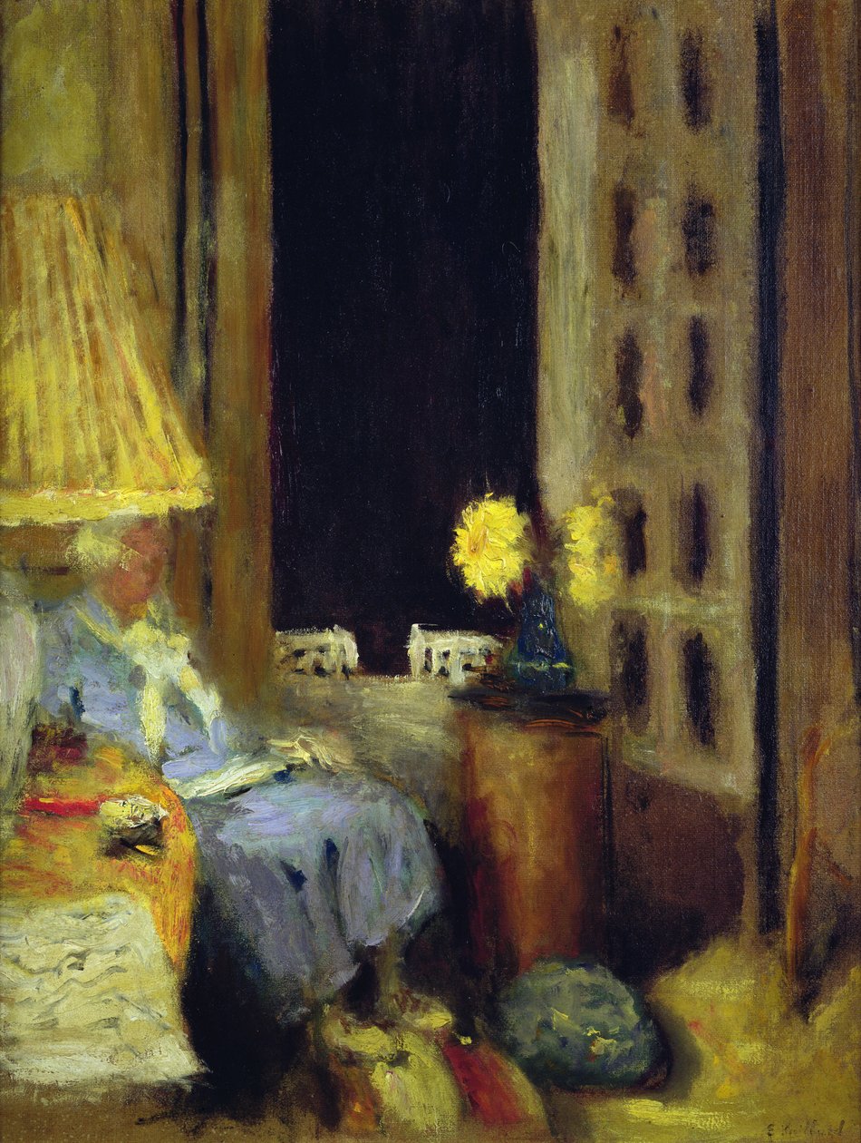 Kvinne leser om kvelden av Edouard Vuillard