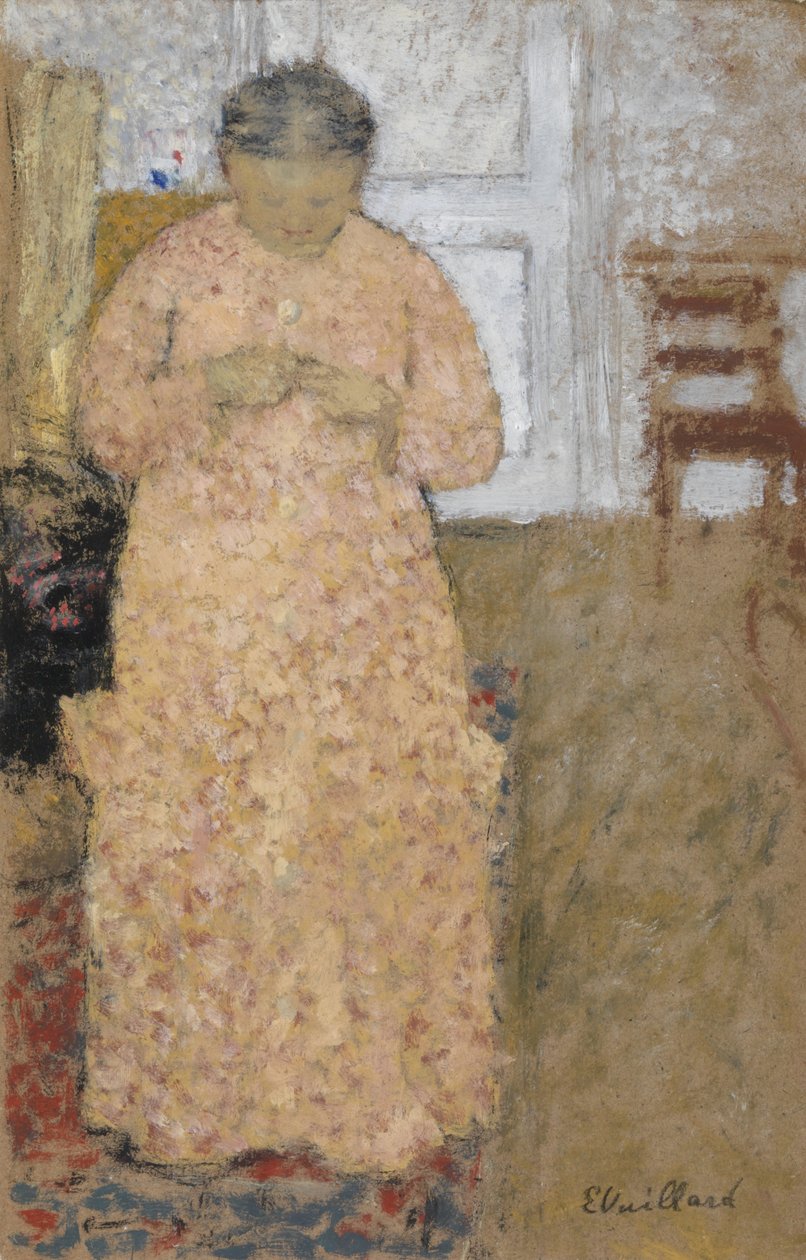 Strikkende kvinne i rosa kjole av Edouard Vuillard