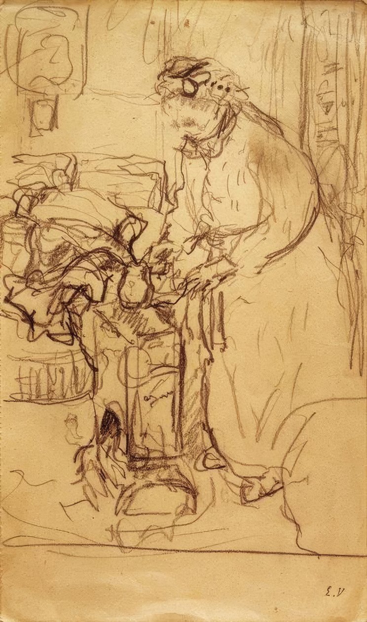 Madame Vuillard foran en oljeovn av Edouard Vuillard