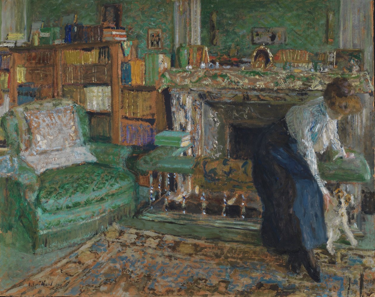 Marguerite Chapin i leiligheten hennes med hunden sin, 1910 (olje på kvernbrett) av Edouard Vuillard