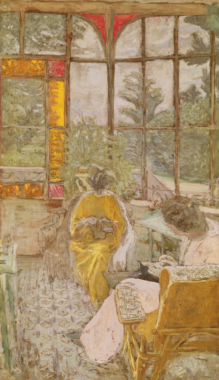 To kvinner som broderer på en veranda, 1913 (tempera på lerret) av Edouard Vuillard