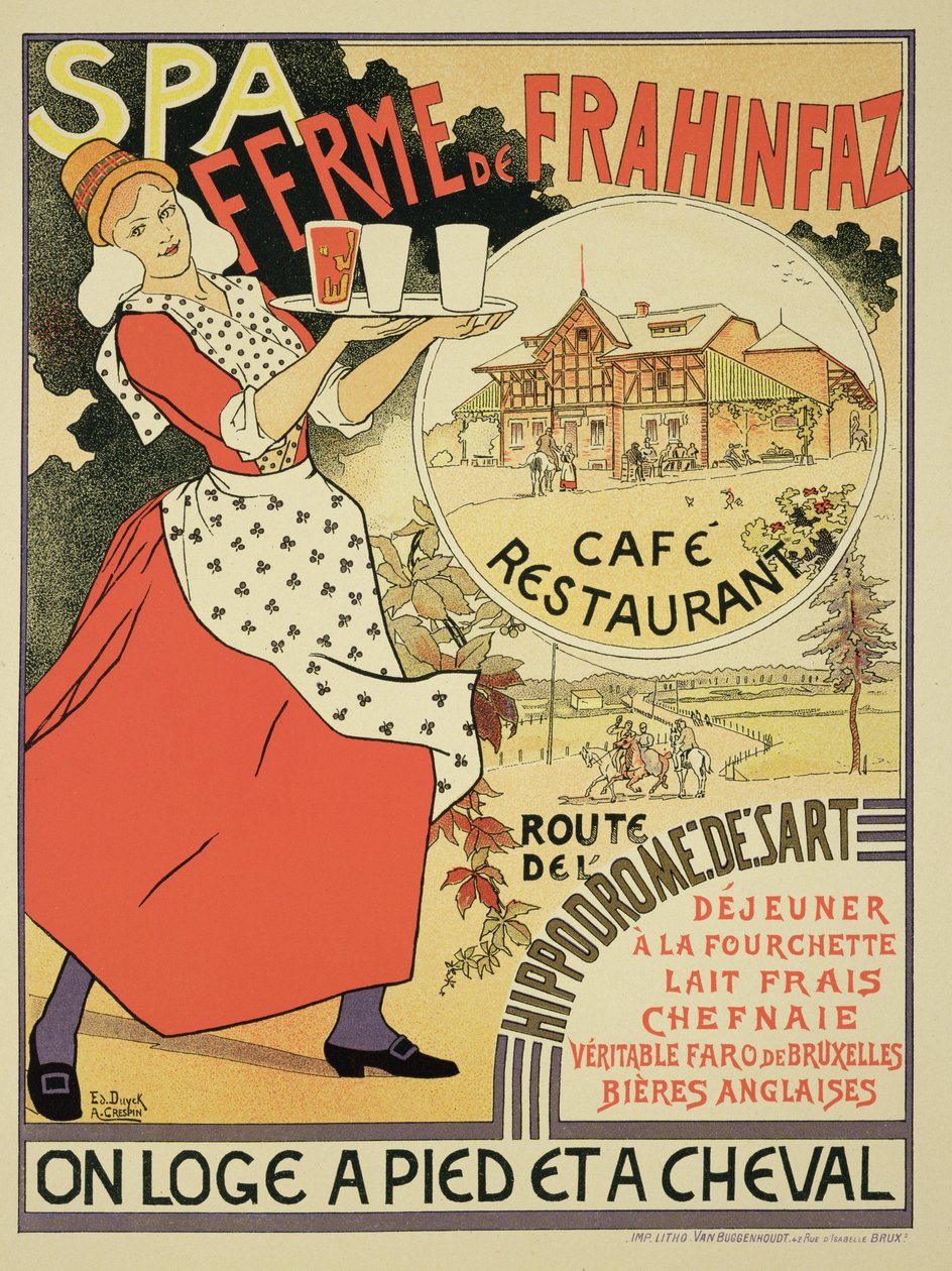 Plakat som reklamerer for Ferme de Frahinfaz, en kafé og restaurant nær Spa, Belgia, 1896 av Adolphe Louis Charles Crespin