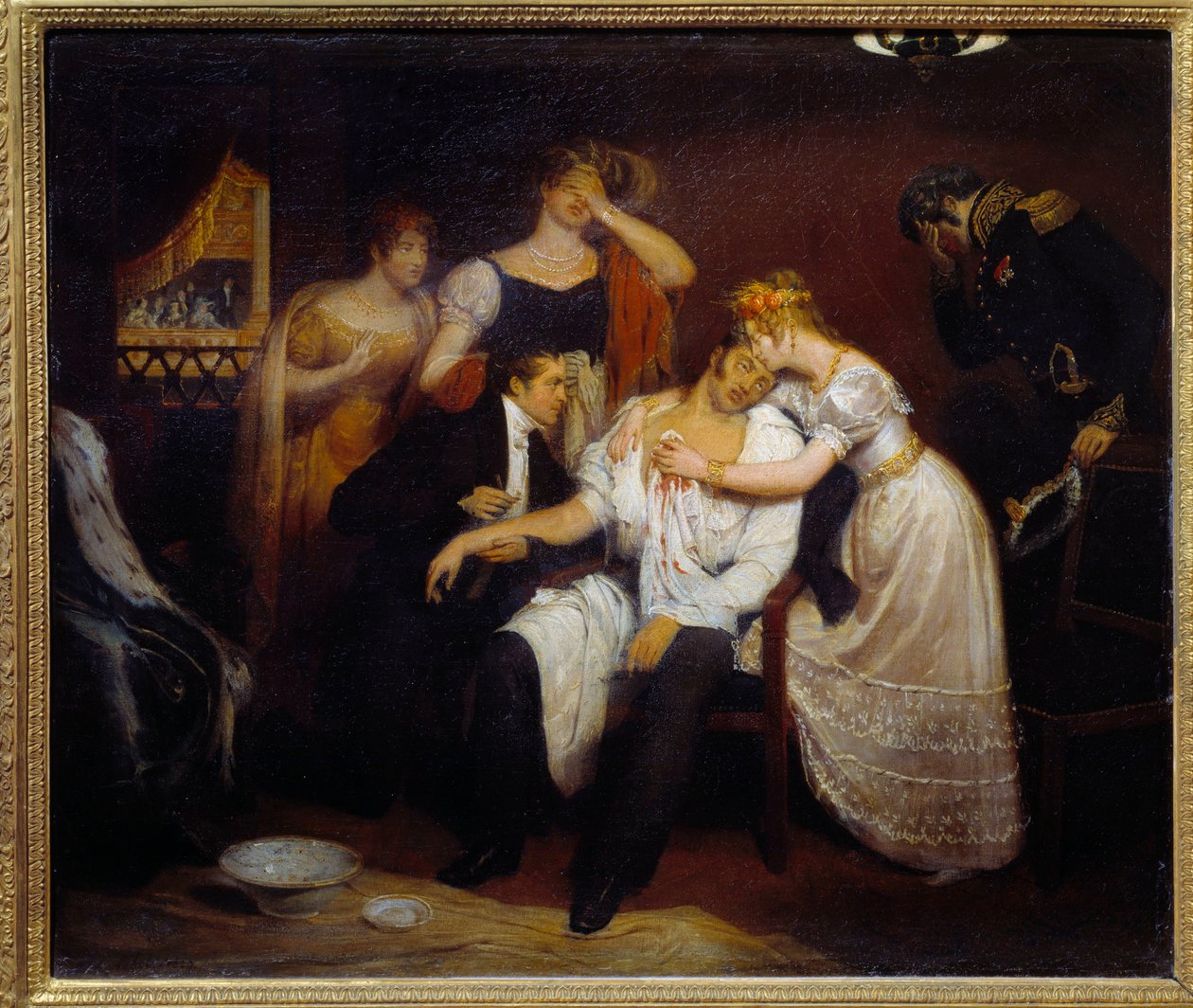 Death of the Duke of Berry (1778-1820) 13/02/1820 ved Royal Academy of Music Nevøen til kong Louis XVIII ble myrdet i Operaen av Louvel, en republikaner som ønsket å slukke det kongelige dynastiet. Maleri av Francois Cibot (1799-1877) 1829 Søn. 0,4 av Edouard  Cibot