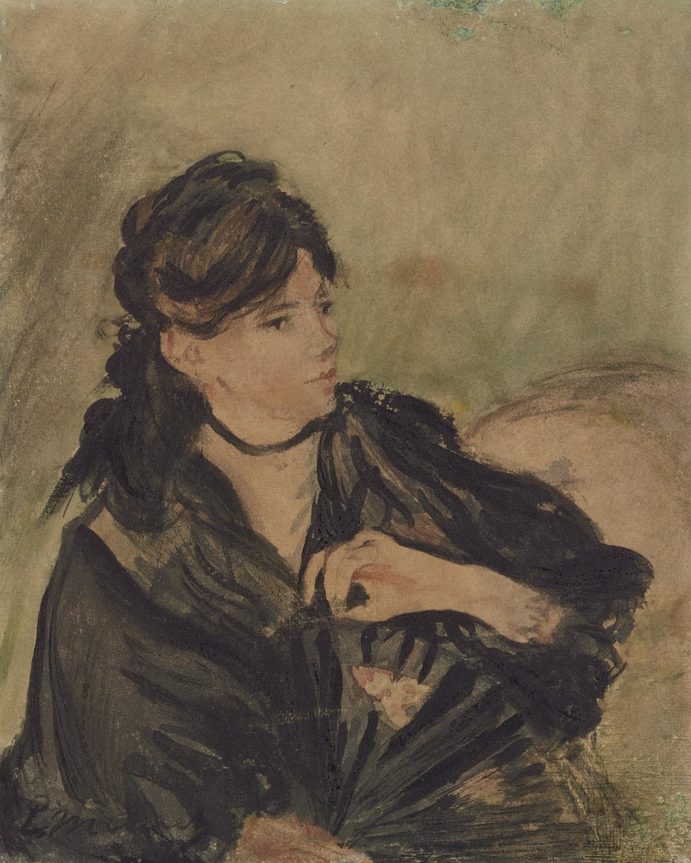 Berthe Morisot med fan av Edouard (after) Manet