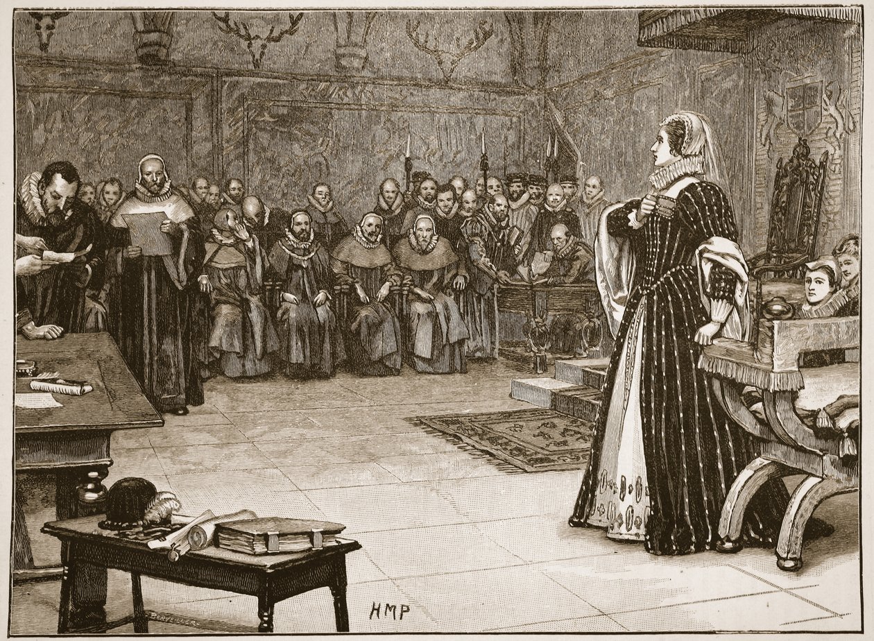 Rettssak mot Mary Queen of Scots i Fotheringhay Castle, illustrasjon fra 'Cassell's Illustrated History of England' (sepia-foto) av Edouard Berveiller