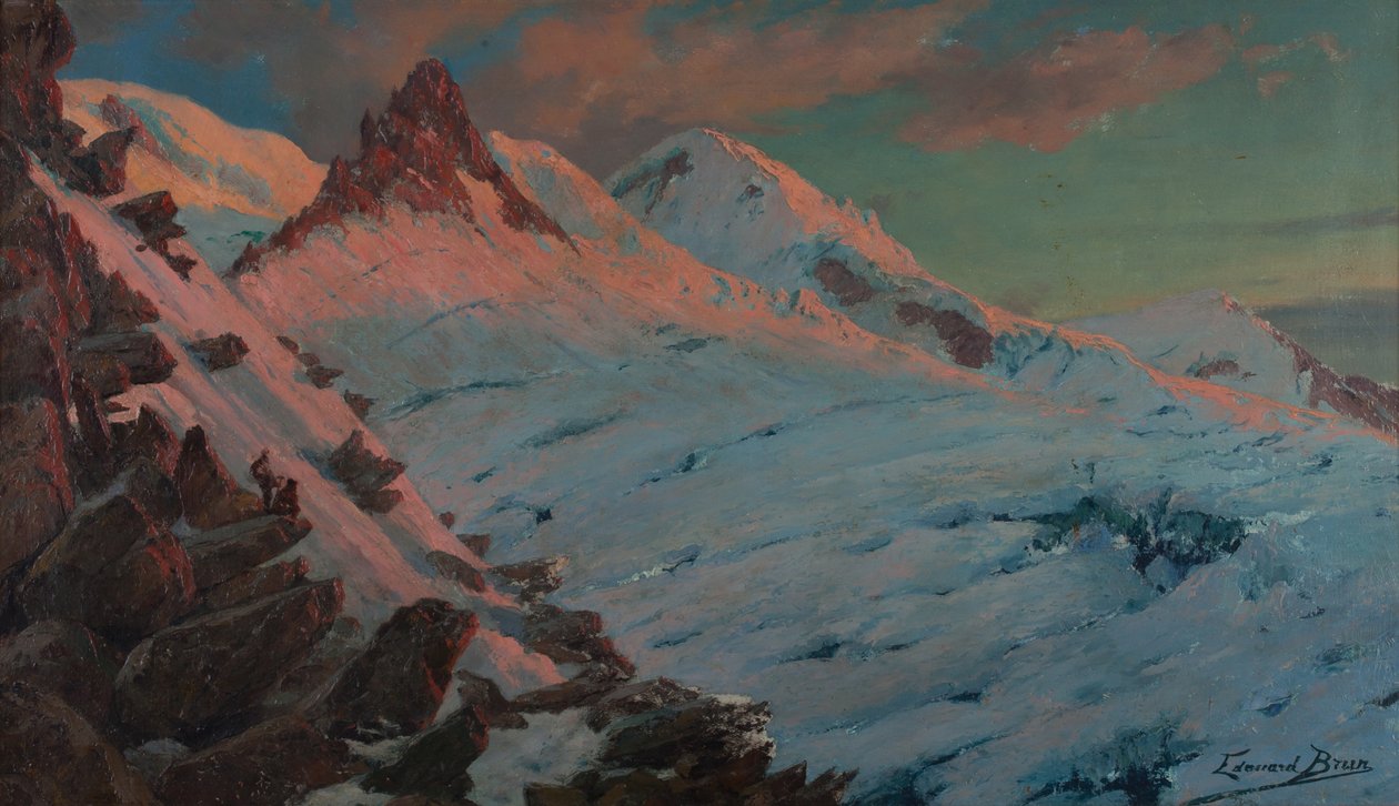 To fjellklatrere ankommer Les Grands Mulets (Mont-Blanc-massivet) (Olje på papp) av Edouard Brun