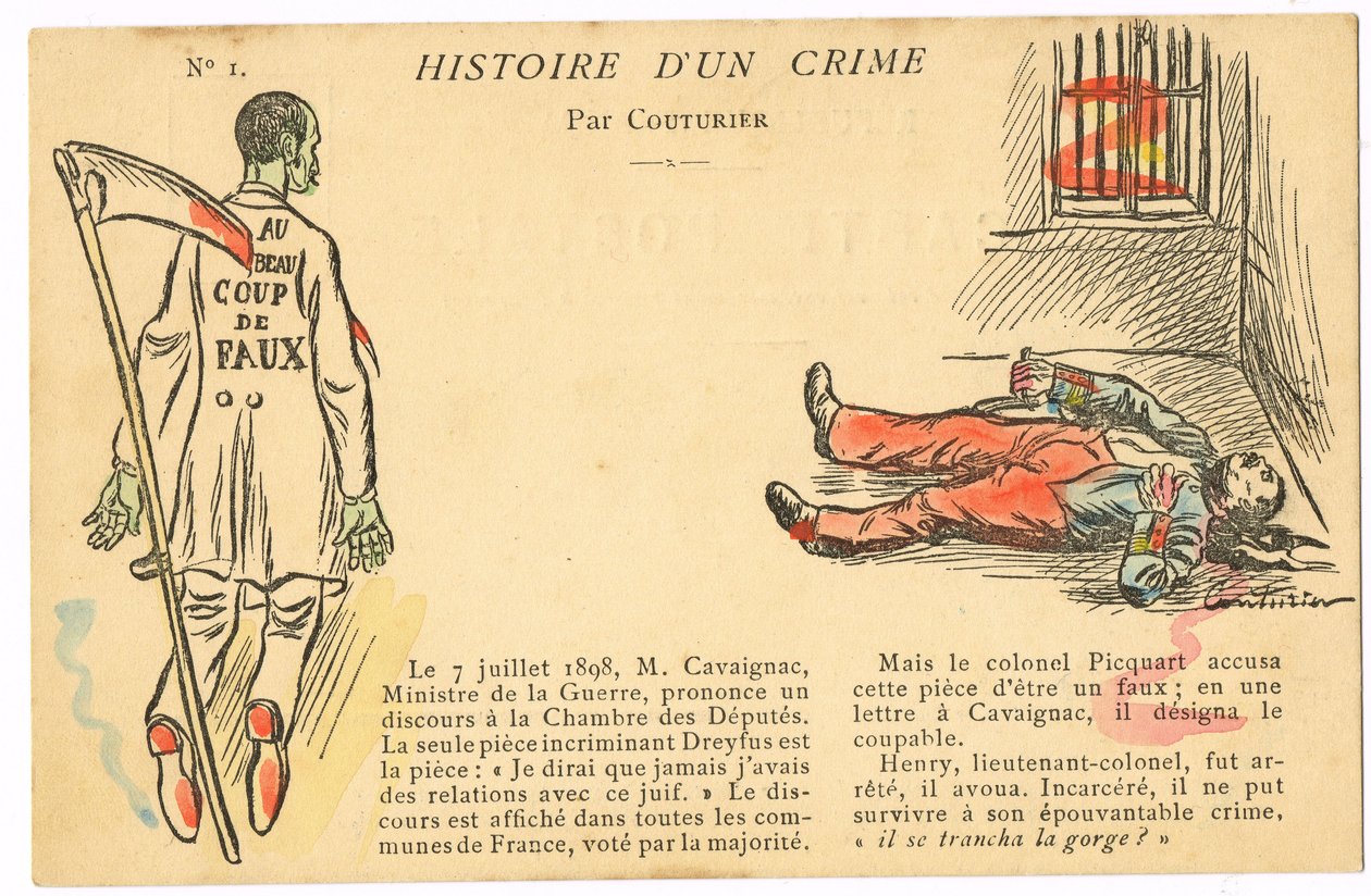 Postkort, satirisk i farger: Dreyfus-affære - Henry Oberst Illustrasjon av Couturier (1869-1935) av Edouard Couturier