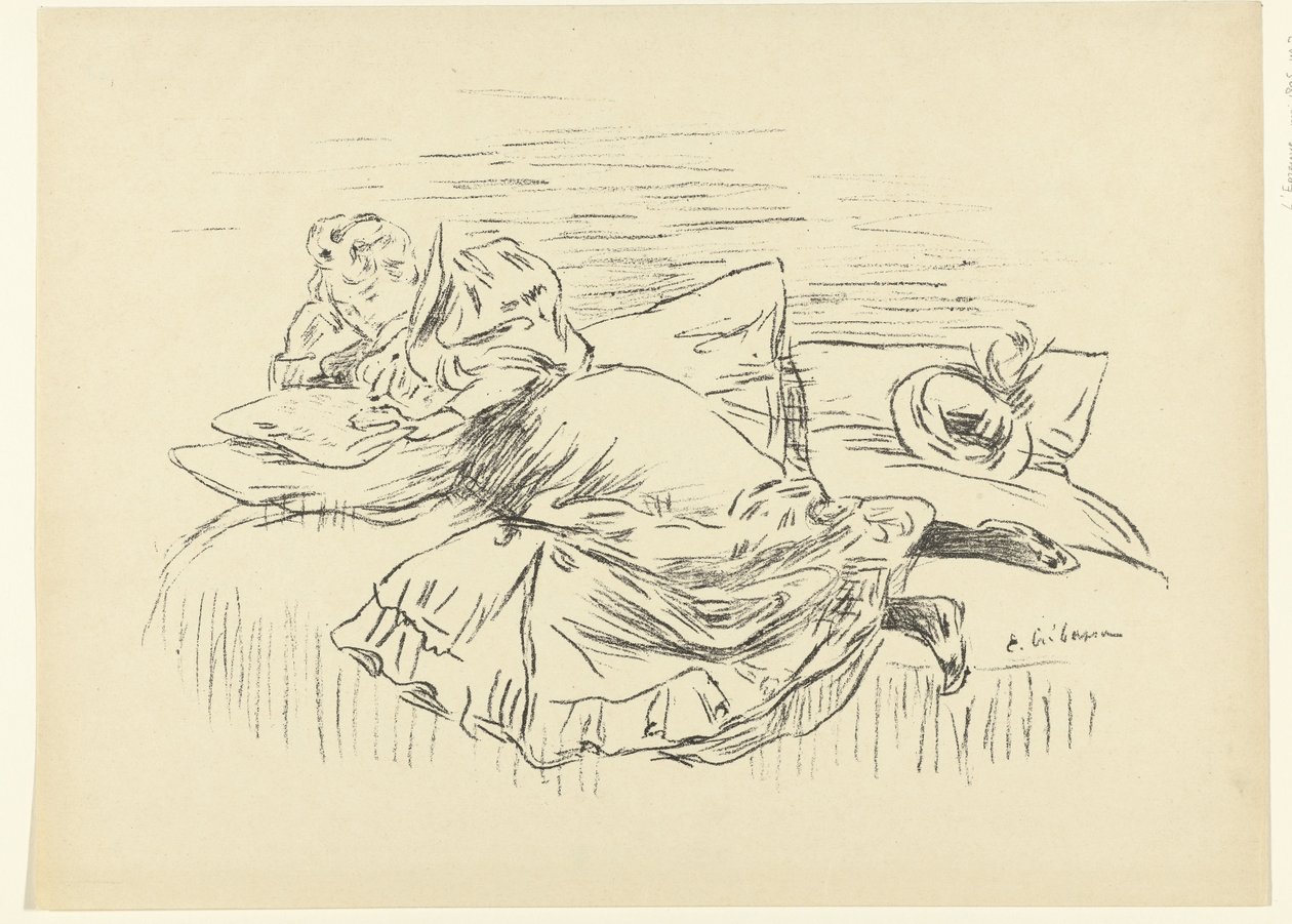 Lesende kvinne liggende på sengen Croquis L'Epreuve (serietittel) av Edouard Crébassa