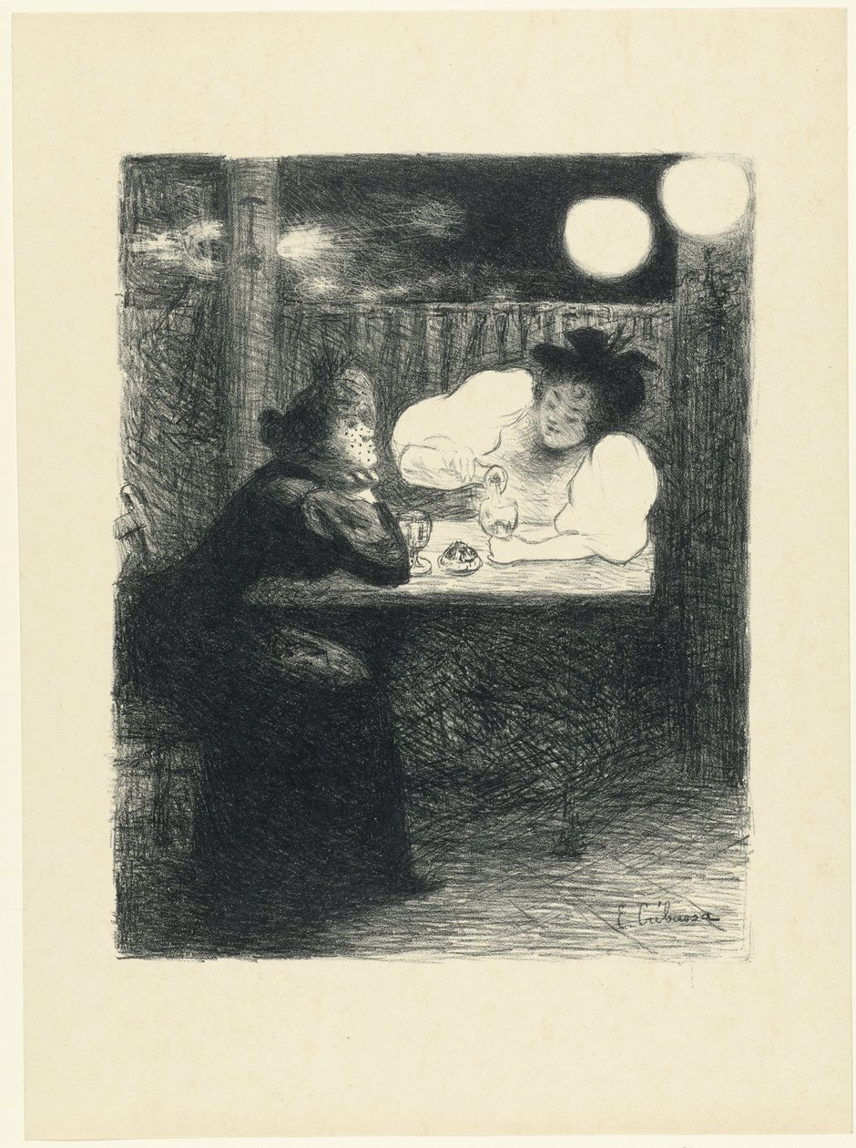 To kvinner drikker absint ved bordet i kafeen Les Femmes à l'absinthe L'Epreuve (serietittel) av Edouard Crébassa