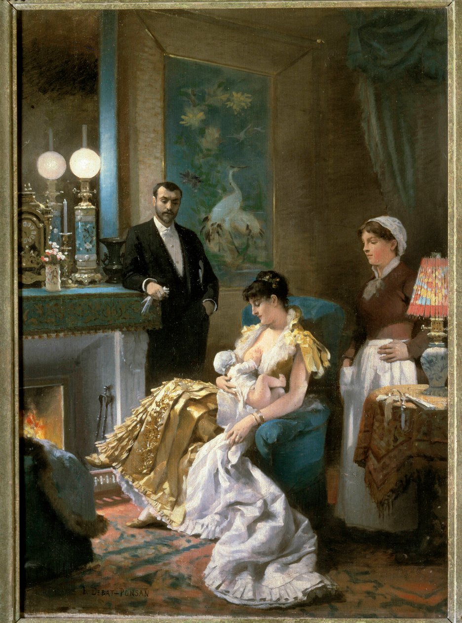 Før skoleballet En mor i aftenkjole mater babyen inn i brystet før hun går ut med mannen sin og overlater babyen til hushjelpen. Maleri av Edouard Debat Ponsan (1847-1913). 1886. Omvisninger i kunstmuseet av Edouard Debat Ponsan