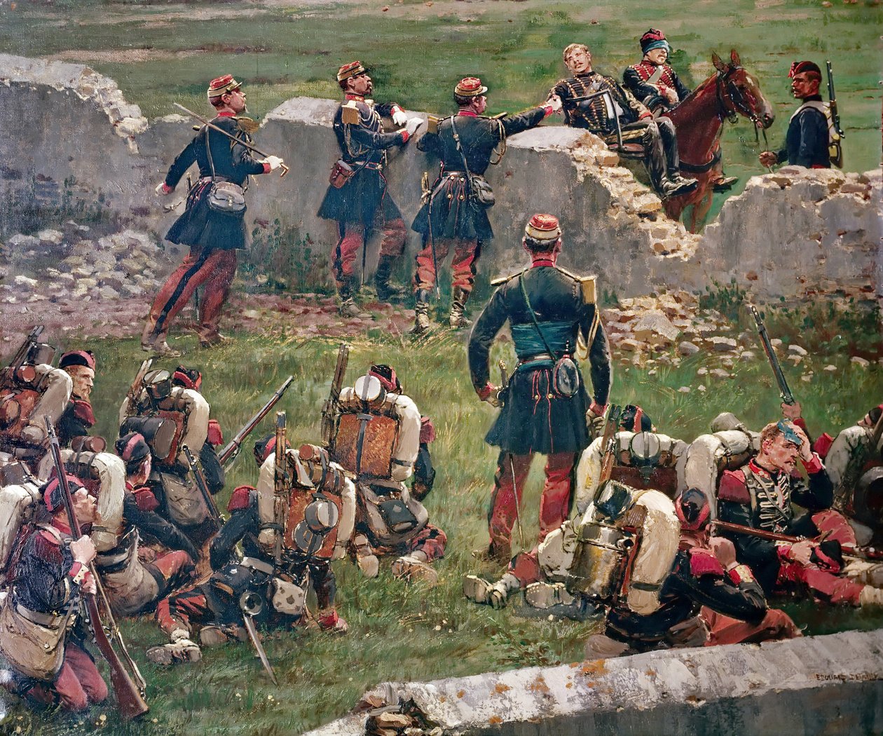 Kvelden i slaget ved Rezonville Gravelotte. Grenadierer fra den keiserlige garde i ro, 16. august av Jean Baptiste Edouard Detaille