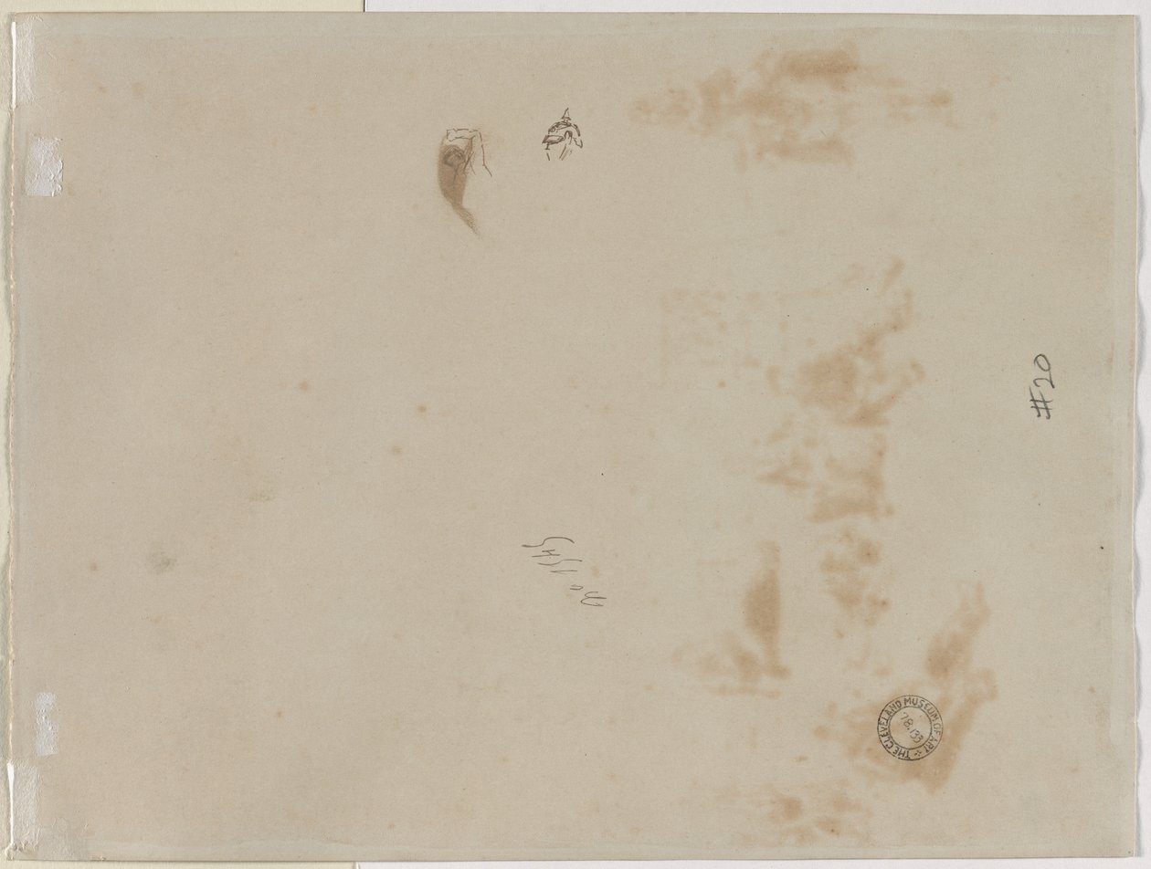Skisse av en mann med løftet arm og skisse av en hjelm, 1878. av Jean Baptiste Edouard Detaille