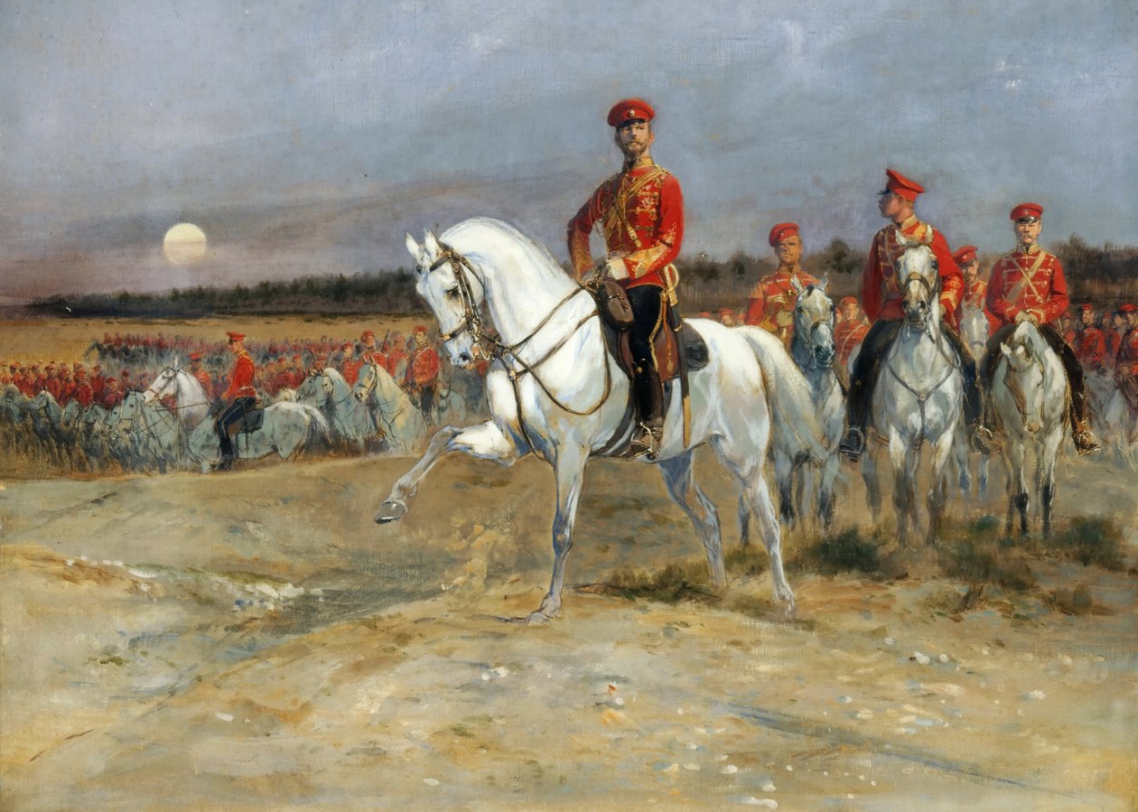 Tsarevich Nicholas gjennomgår troppene av Jean Baptiste Edouard Detaille