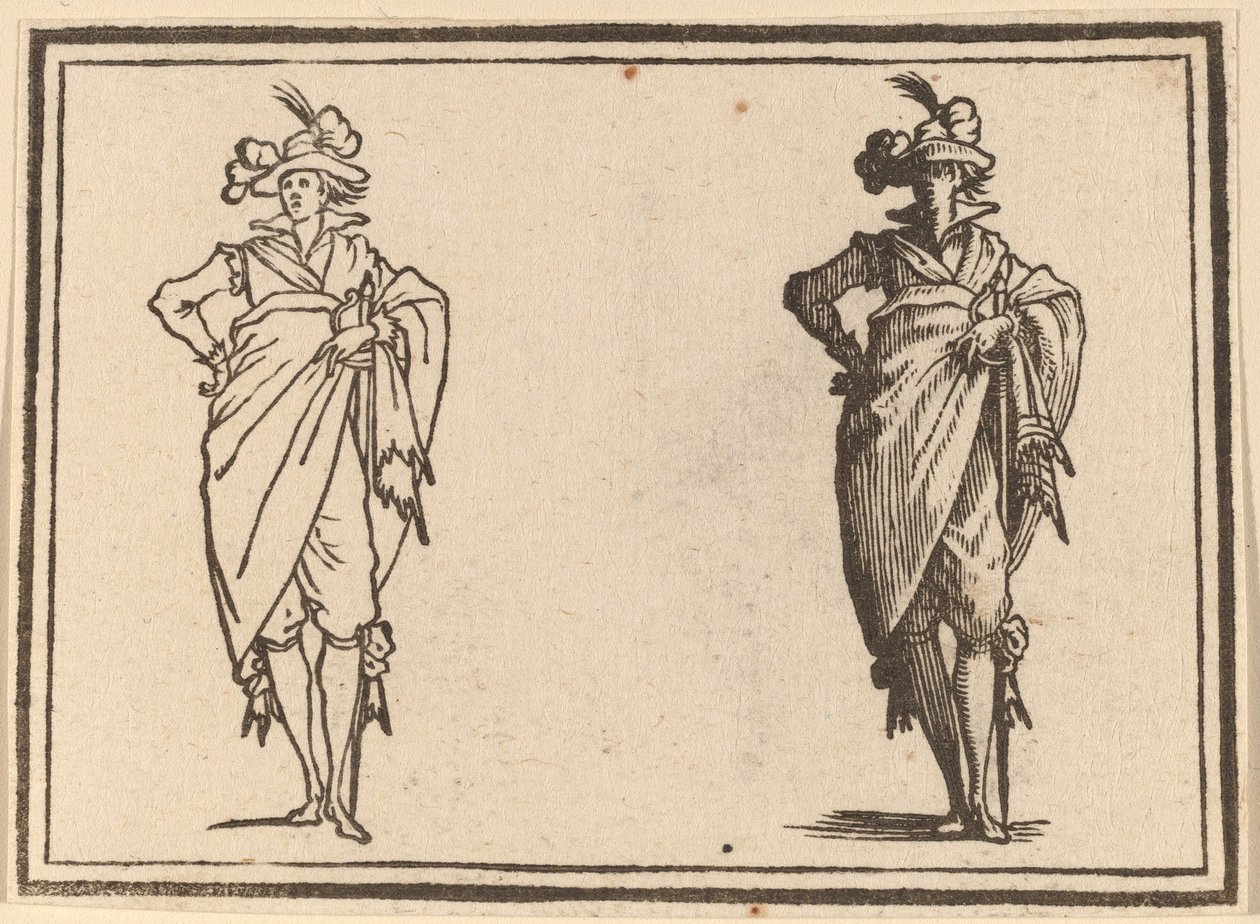 Gentleman sett forfra med hånden på hoftene av Edouard Eckman after Jacques Callot