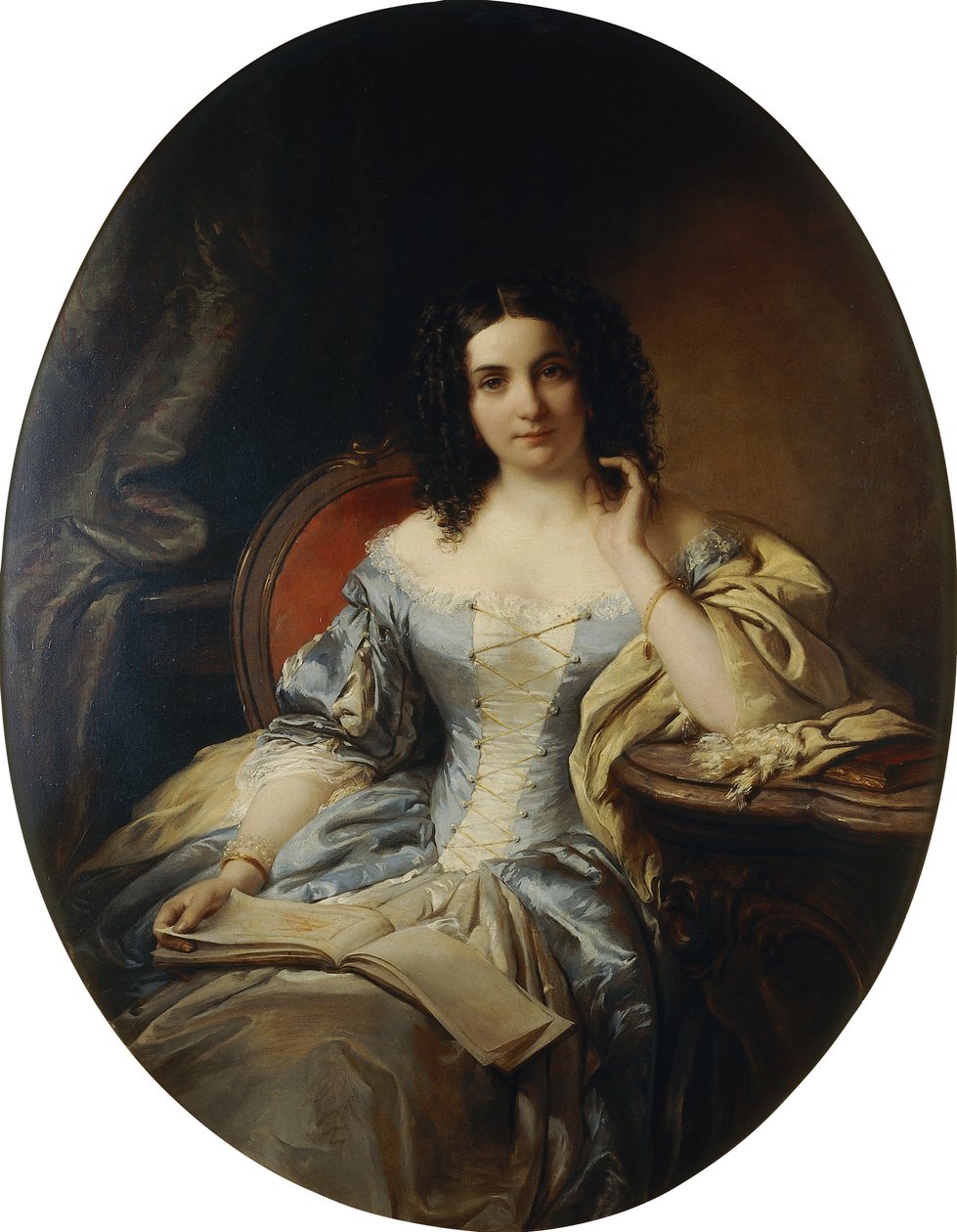 Portrett av en sittende dame i en blå og hvit kjole; Portrett av en sittende dame i en blå og hvit kjole, 1853 av Edouard Ender