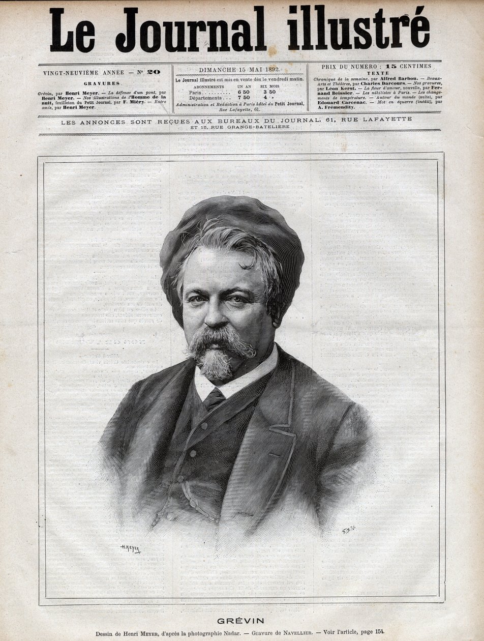 Alfred Grevin (1827-1892) skulptør, tegneserieskaper, tegneserieskaper, tegneserieskaper og designer av franske teaterkostymer - Gravering av Navellier etter Nadars bilde i "The Illustrous Journal" fra 1892 av Edouard Felicien Eugene Navellier