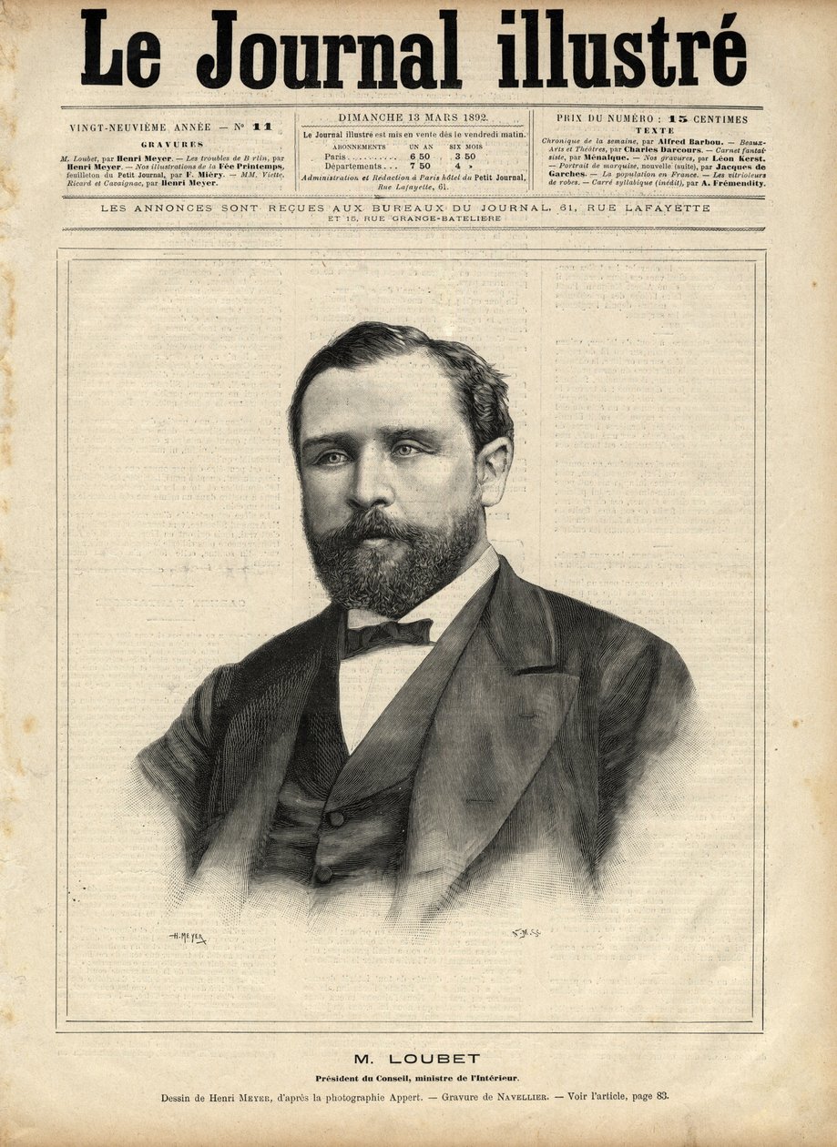 Emile Loubet (1836-1929) i 1892 (president for rådet - innenriksminister) Gravering av Navellier i "The Illustrous Journal" fra 1892 av Edouard Felicien Eugene Navellier