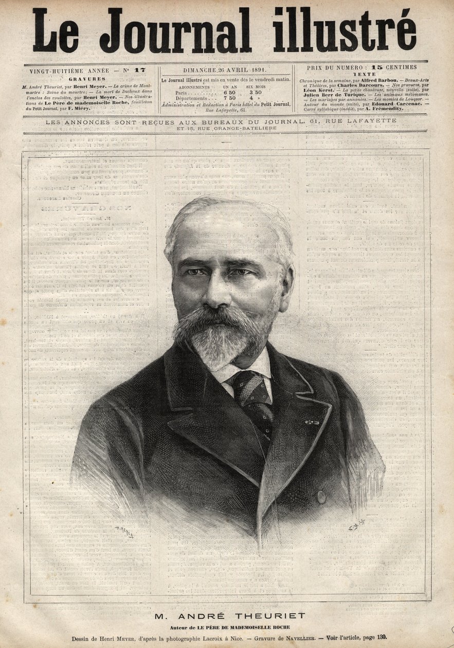 Portrett av Andre Theuriet (1833-1907), fransk romanforfatter, poet og akademiker - Gravering av Navellier i "Le journal illustrious"" fra 1891 av Edouard Felicien Eugene Navellier
