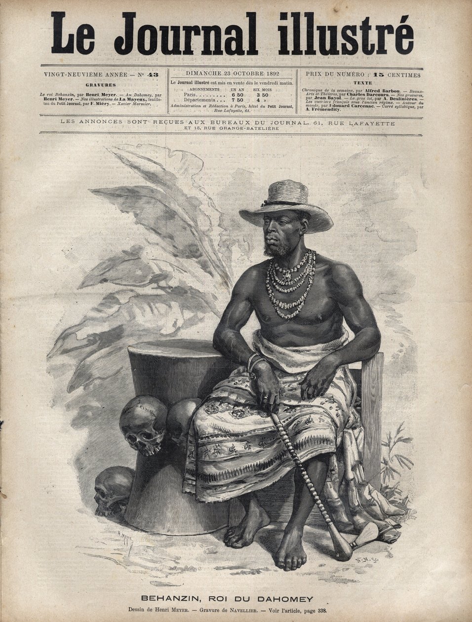 Portrett av Behanzin (1844-1900), konge av Dahomey (Benin) - Gravering av Navellier i "The Illustrous Diary"" fra 1892 av Edouard Felicien Eugene Navellier