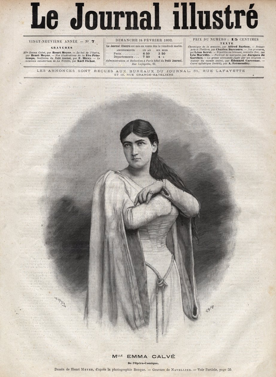 Portrett av Emma Calve (Rosa Noemie Emma Calvet de Roquet, dit) (1858-1942), fransk sopran - Gravering av Navellier i "The Illustrous Journal" fra 1892 av Edouard Felicien Eugene Navellier
