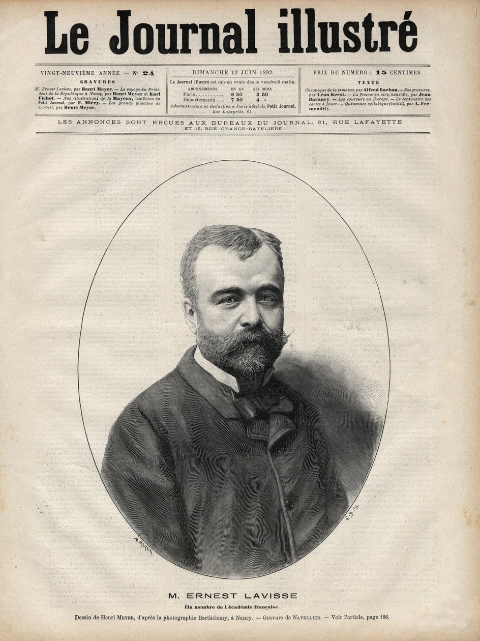 Portrett av Ernest Lavisse (1842-1922), fransk historiker og akademiker - Gravering av Navellier i "Le journal illustrious"" fra 1892 av Edouard Felicien Eugene Navellier