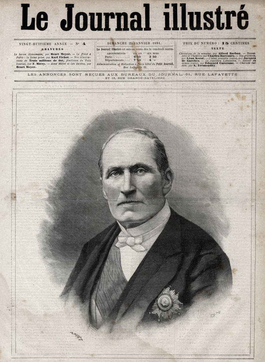 Portrett av Georges Eugene Haussmann kalt Baron Haussmann (1809-1891) prefet av Seinen under det andre imperiet - Gravering av Navellier i "The Illustrous Diary" fra 1891 av Edouard Felicien Eugene Navellier