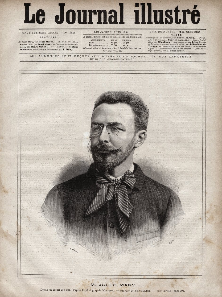 Portrait of Jules Mary (1851-1922), French writer - Engraving by Navellier in “The Illustrous Journal” of 1891 av Edouard Felicien Eugene Navellier