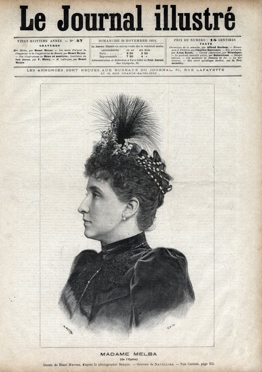 Portrett av Nellie Melba (Helen Porter Mitchell, dit) (1861-1931), australsk sopran - Gravering av Navellier i "The Illustrous Journal" fra 1891 av Edouard Felicien Eugene Navellier
