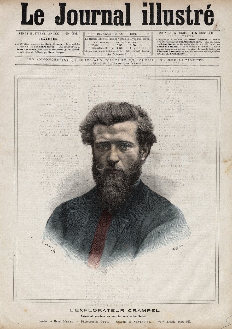 Portrett av Paul Crampel (1864-1891), fransk oppdagelsesreisende av Sentral-Afrika - Gravering av Navellier i "The Illustrous Diary"" fra 1891 av Edouard Felicien Eugene Navellier