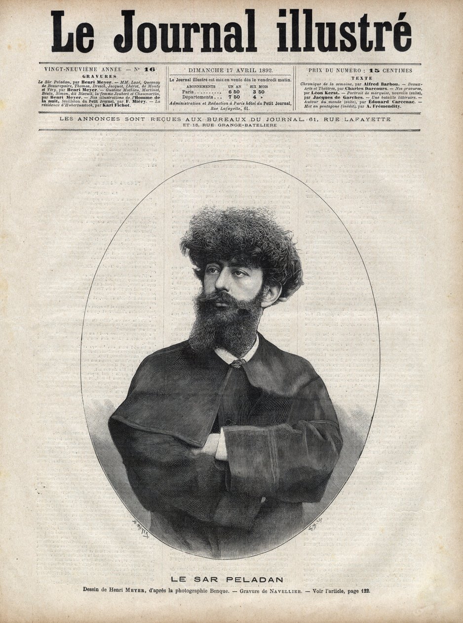 Sar Merodack Josephin Peladan, pseudonym til Josephin Peladan (1858-1918) fransk forfatter og okkultist - Gravering av Navellier i "The Illustrous Journal" fra 1892 av Edouard Felicien Eugene Navellier