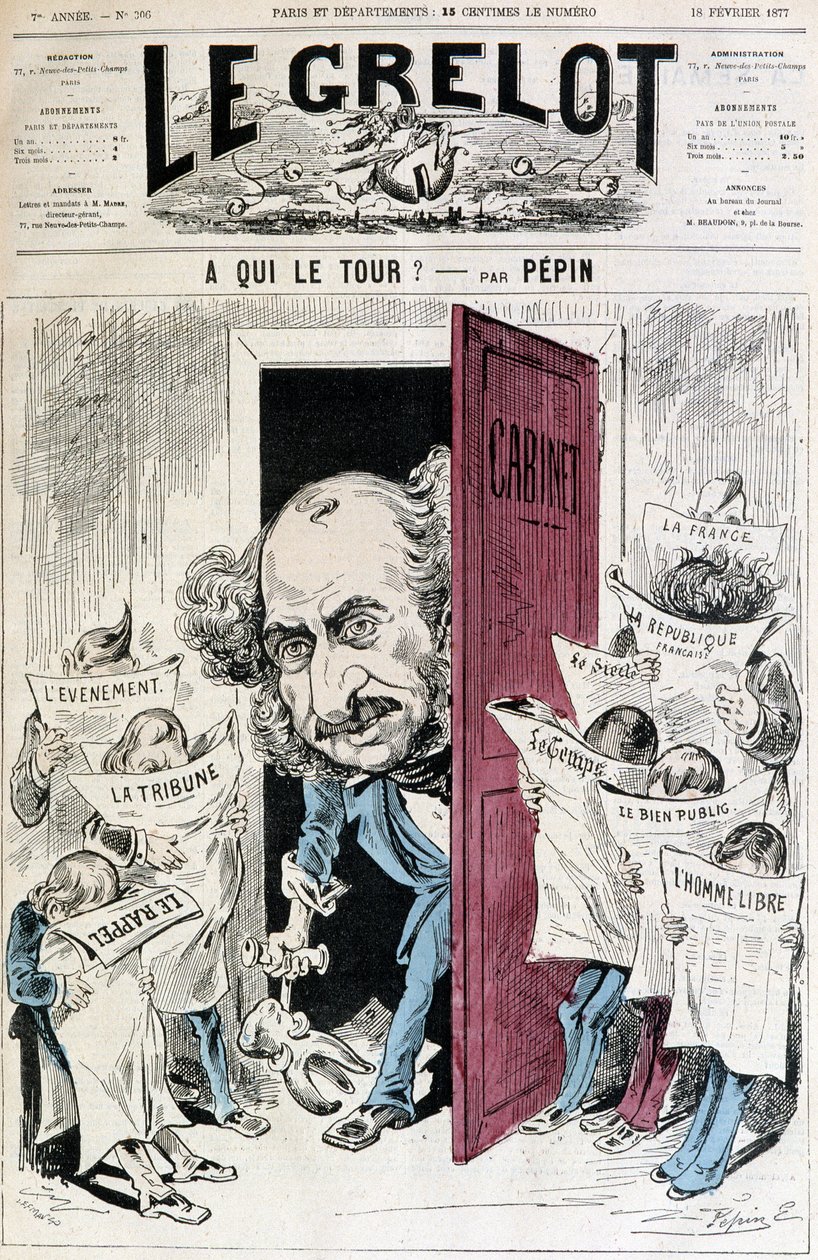 (Tegneserie om avissensur) - av Pépin, i "" Le Grelot"" av 18.02.1877 av Edouard Guillaumin Pepin