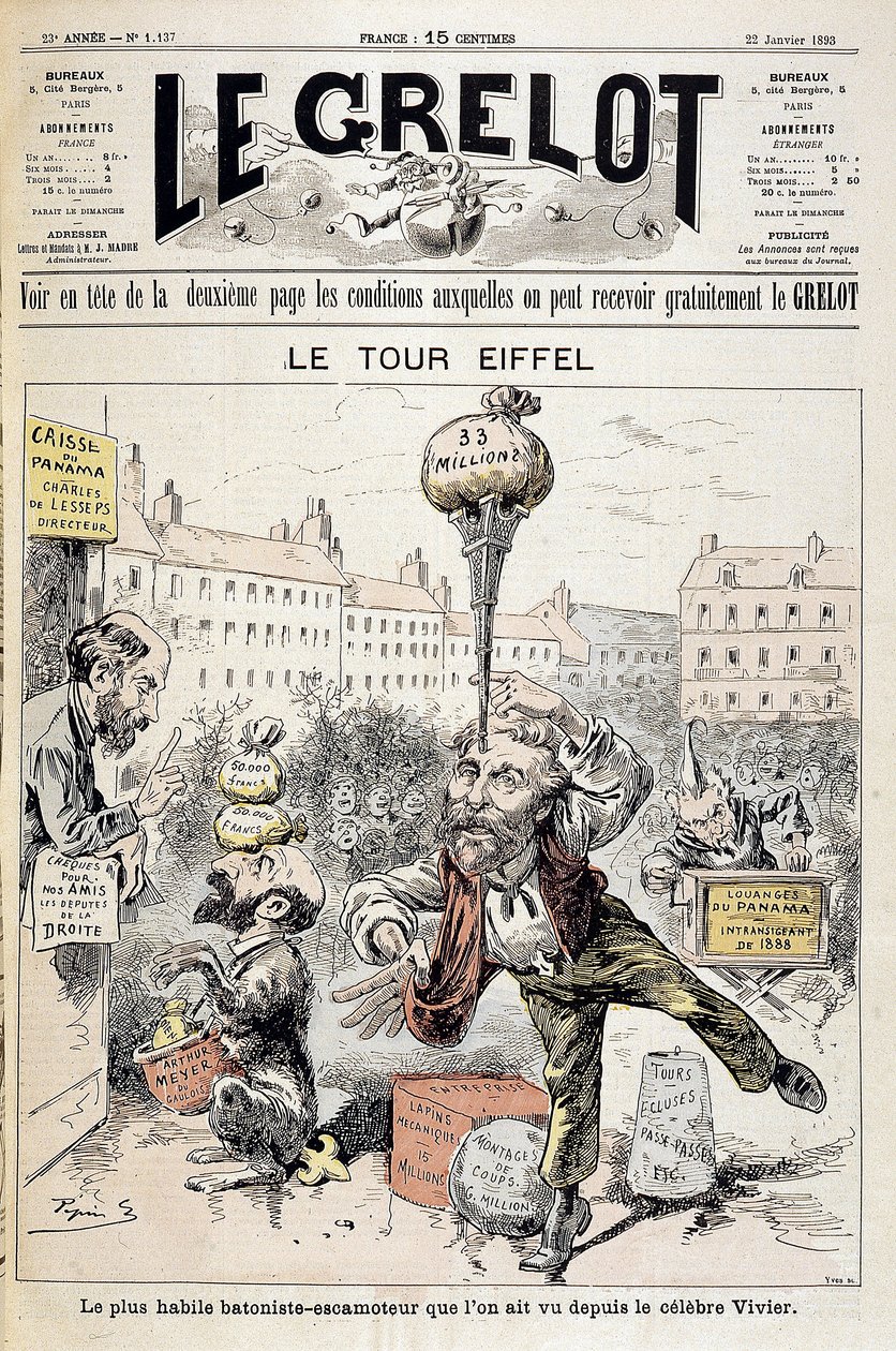 Tegneserie om økonomiske skandaler "" Eiffeltårnet: den dyktigste batonisten - retraktor sett siden den berømte Vivier"". Forside "" Le Grelot"" av 22. januar av Edouard Guillaumin Pepin