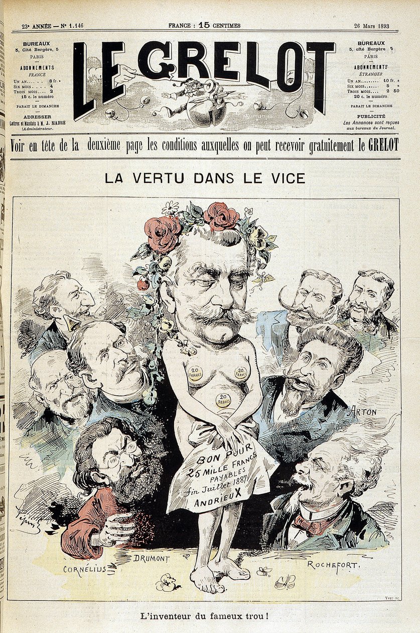 Tegneserie om Panama-skandalen: "Dyd i vice: oppfinneren av det berømte hullet!" - Couv. «Le Grelot» av 26. mars av Edouard Guillaumin Pepin
