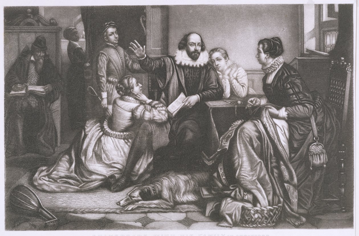 Shakespeare med sin familie, i Stratford, reciting the Tragedy Hamlet (stippgravering og etsning) av Edouard Jean Conrad Hamman