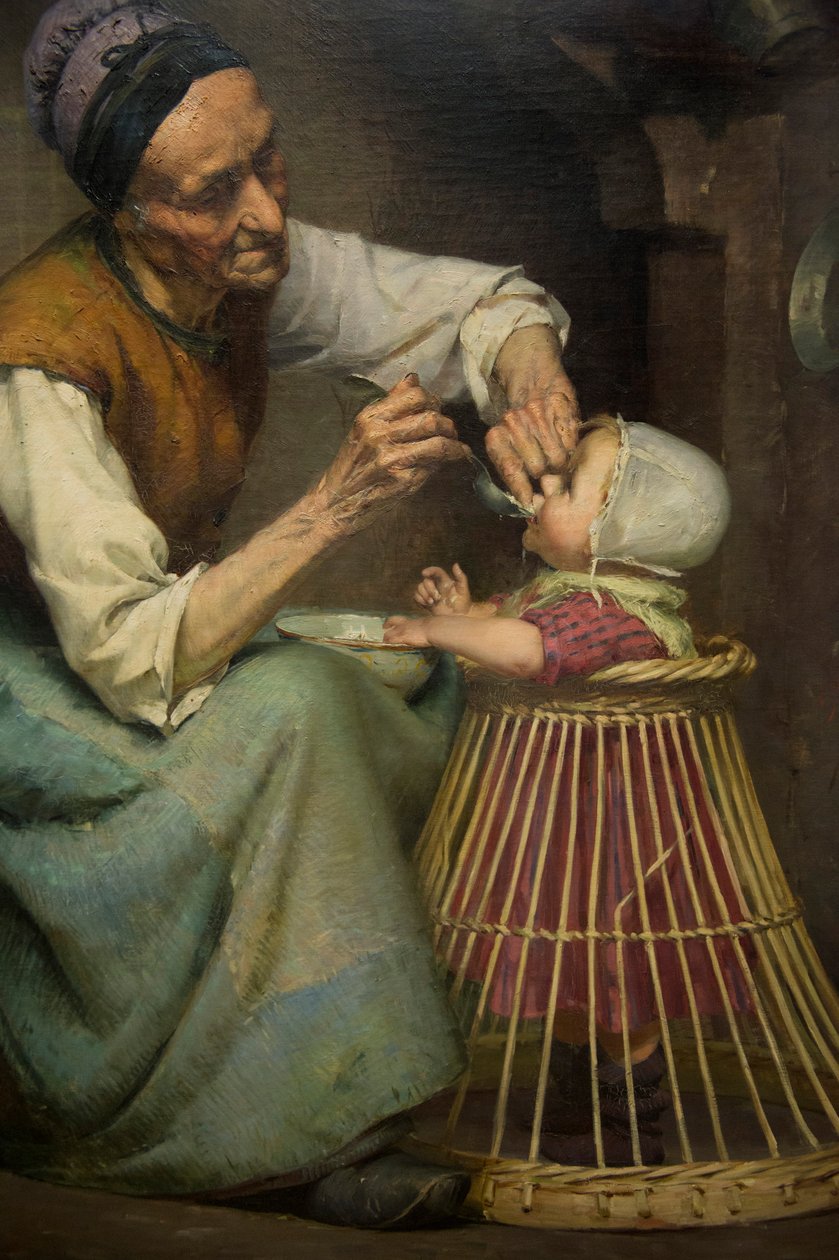 En gammel kvinne mater barnebarnet sitt holdt i en flettet barnerullator, av Edouard Jerome Paupion av Edouard Jerome Paupion
