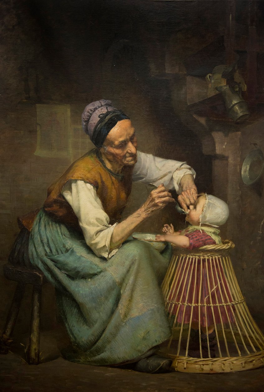 En gammel kvinne mater barnebarnet sitt holdt i en flettet babyrullator, av Edouard Jerome Paupion av Edouard Jerome Paupion