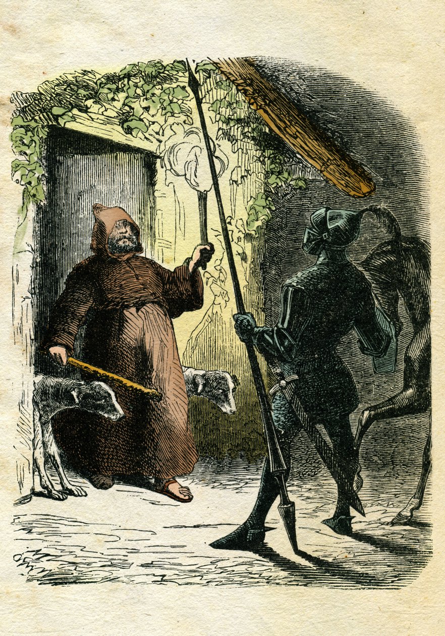 Illustrasjon av Edward Frère (1797-1874) og Theodore Lix (1830-1897) til «Ivanhoe» av Walter Scott (1771-1832), skotsk forfatter: Den svarte ridderen tar imot gjestfriheten til en eremitt i skogen. av Edouard & Lix Theodore (1830-1897) Frere