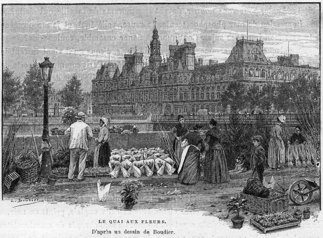 Parisisk scene på 1800-tallet: blomsterhandlere på blomsterkaia i Ile de la Cite. På baksiden, Paris rådhus. Gravering på slutten av 1800-tallet etter en tegning av Boudier I “Verdens hovedsteder: Paris””. av Edouard Louis Boudier