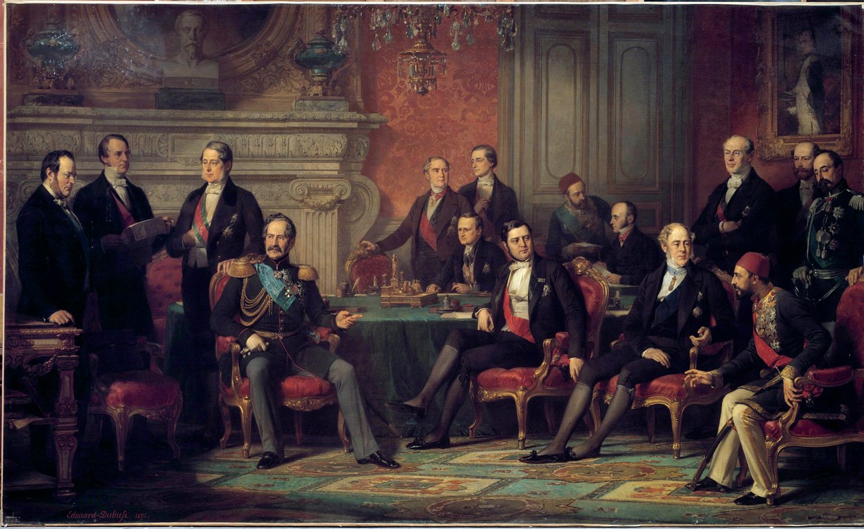 Paris-kongressen fra 25. februar til 30. mars 1856 møttes ved slutten av Krimkrigen, av Napoleon III med utenriksministrene i de europeiske statene. Maleri av Edouard Louis Dubufe (1820-1883). 1856 søn. 3,08 x 5,10 m av Edouard Louis Dubufe