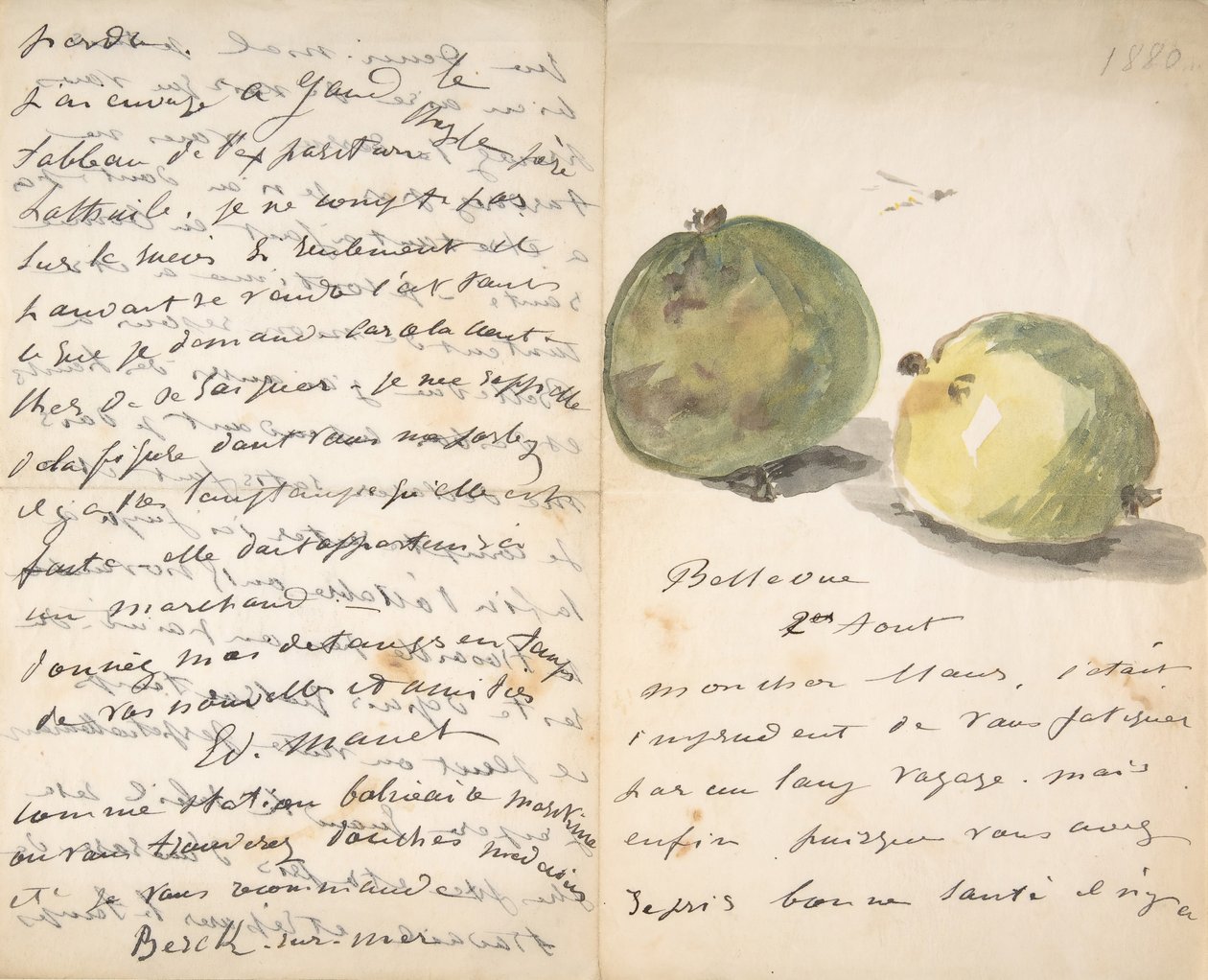 Et brev til Eugène Maus, dekorert med to epler, 2. august 1880. av Édouard Manet
