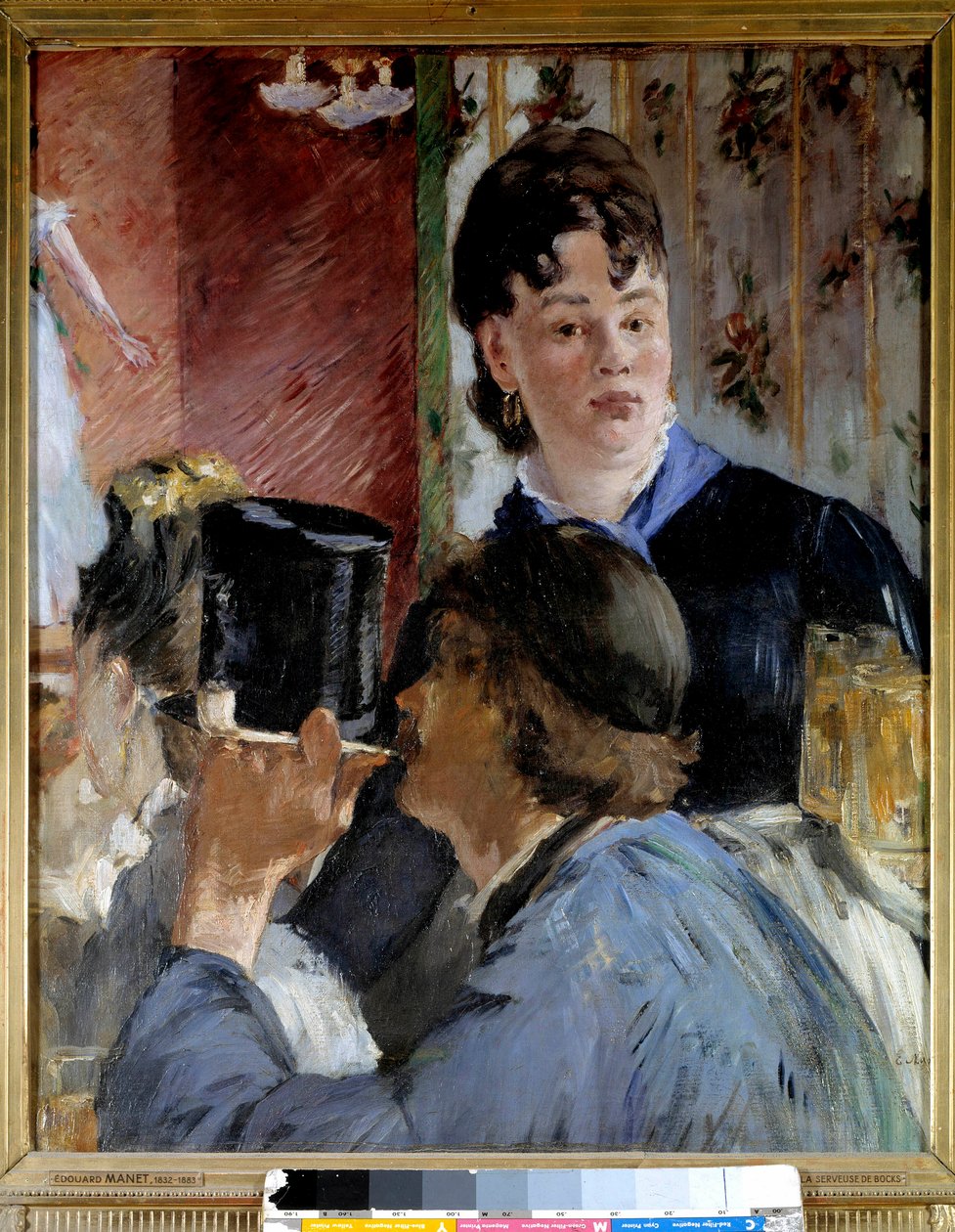 En ung kvinne serverer øl til elegante og populære gjester. Maleri av Edouard Manet (1832-1883) 1878 Søn. 0,77x0,65 m Paris, musee d