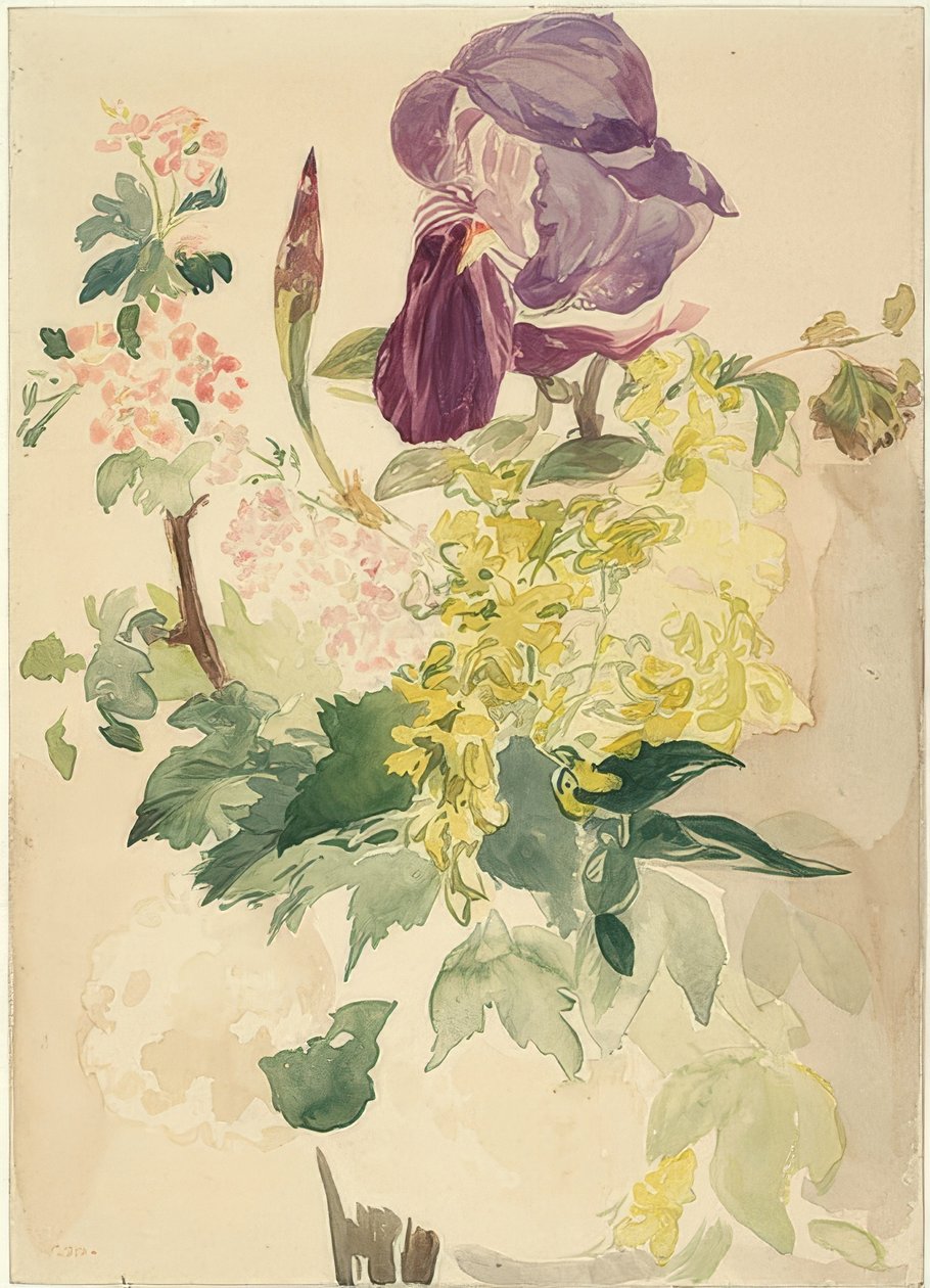 Blomsterstykke med iris, laburnum og geranium. 1880 av Édouard Manet