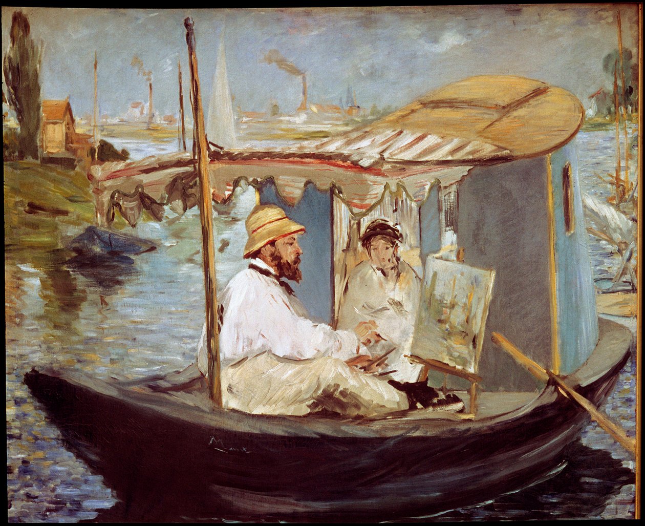 Claude Monet maler i studiobåten sin av Édouard Manet